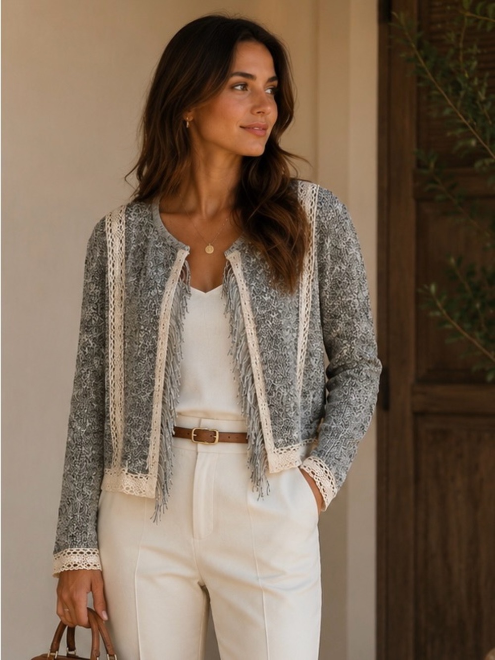 Chico's Gray Cardigan with Cream Crochet Trim and Fringe